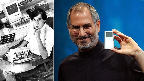 Steve Jobs in 1988; and launching the iPod mini in 2004. Source: Supplied
